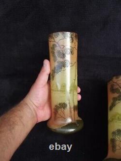 Ancienne paire de petits vases émaillés legras paysage lacustre art nouveau