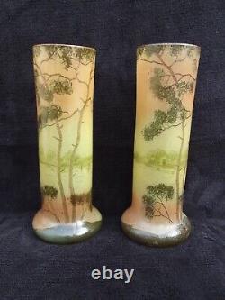 Ancienne paire de petits vases émaillés legras paysage lacustre art nouveau