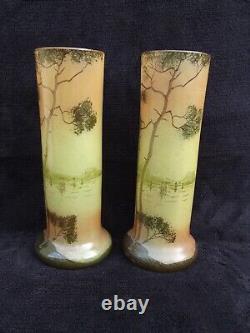 Ancienne paire de petits vases émaillés legras paysage lacustre art nouveau