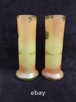 Ancienne paire de petits vases émaillés legras paysage lacustre art nouveau