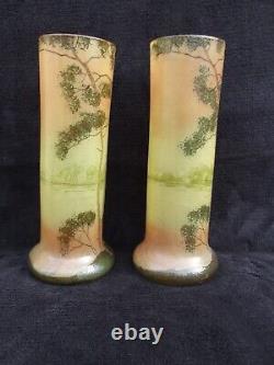 Ancienne paire de petits vases émaillés legras paysage lacustre art nouveau