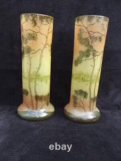 Ancienne paire de petits vases émaillés legras paysage lacustre art nouveau