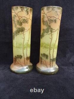 Ancienne paire de petits vases émaillés legras paysage lacustre art nouveau