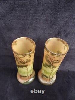 Ancienne paire de petits vases émaillés legras paysage lacustre art nouveau