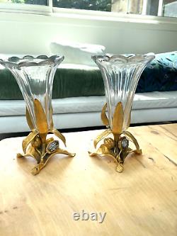 Ancienne paire de vases en bronze doré et cristal art nouveau
