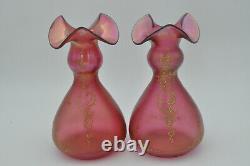 Ancienne paire de vases pâte de verre réhaussée d'émail doré décor art nouveau