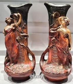 Antique Paire vases jarres art nouveau terre cuite, signés G. Van Vaerenbergh