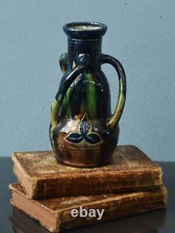 Art Nouveau Flamish Pottery Thulin Vase Glacé Tons Bleus et Verts sh torsadé