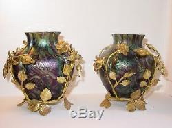 Art Nouveau Jugendstil Loetz Paire vases en verre irisé et bronze doré