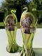 Art Nouveau Paire De Vases En Verre Décor D'iris Émaillé