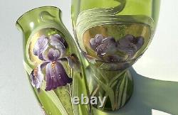 Art Nouveau Paire De Vases En Verre Décor D'iris Émaillé