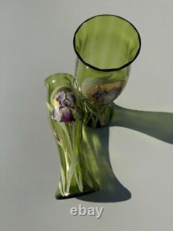 Art Nouveau Paire De Vases En Verre Décor D'iris Émaillé