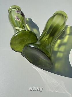 Art Nouveau Paire De Vases En Verre Décor D'iris Émaillé