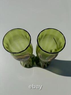 Art Nouveau Paire De Vases En Verre Décor D'iris Émaillé