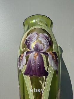 Art Nouveau Paire De Vases En Verre Décor D'iris Émaillé