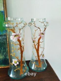 Art Nouveau / Paire de grands vases émaillés 1900-Décor fleurs de pommiers