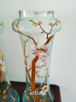 Art Nouveau / Paire de grands vases émaillés 1900-Décor fleurs de pommiers