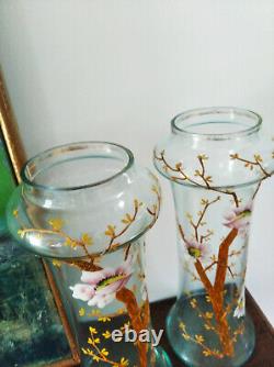 Art Nouveau / Paire de grands vases émaillés 1900-Décor fleurs de pommiers