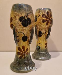 Art nouveau Amphora Paire de grand vases émail irisé H. 25 cm Marronnier