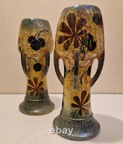 Art nouveau Amphora Paire de grand vases émail irisé H. 25 cm Marronnier