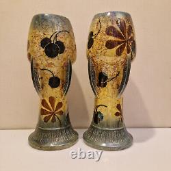 Art nouveau Amphora Paire de grand vases émail irisé H. 25 cm Marronnier