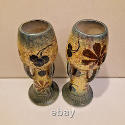 Art nouveau Amphora Paire de grand vases émail irisé H. 25 cm Marronnier