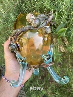 Art nouveau & Vase Verre Émaillé Aux cerises En Metal Polychrome & Vers 1900