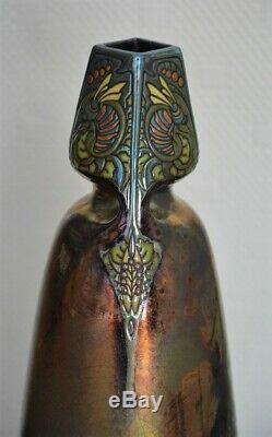 Art nouveau vase Montières Amiens irrisé émaillé émaux papillons H. 30 cm