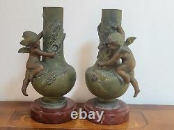 Auguste Moreau Vases Art Nouveau Putti Vendanges Moisson Régule sur Marbre XIXe