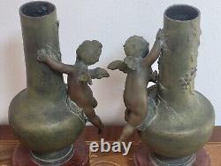 Auguste Moreau Vases Art Nouveau Putti Vendanges Moisson Régule sur Marbre XIXe