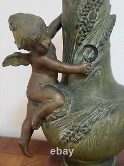 Auguste Moreau Vases Art Nouveau Putti Vendanges Moisson Régule sur Marbre XIXe