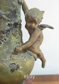 Auguste Moreau Vases Art Nouveau Putti Vendanges Moisson Régule sur Marbre XIXe
