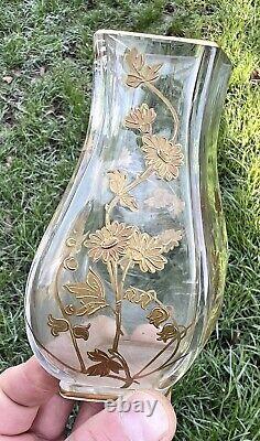 Baccarat Enamelled Gold Crystal Glass Vase Cristal Emaille Grave Fleurs Or Dore