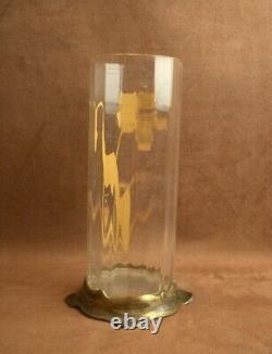 Baccarat Vase Rouleau En Verre Emaillé A L'or Fleurs Support Metal Art Nouveau