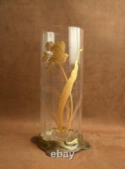 Baccarat Vase Rouleau En Verre Emaillé A L'or Fleurs Support Metal Art Nouveau