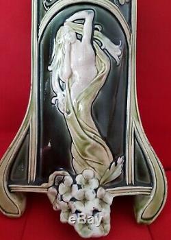 Barbotine De Bruyn Art Nouveau Femme nue Grand vase 30 cm Style Lalique