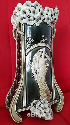 Barbotine De Bruyn Art Nouveau Femme nue Grand vase 30 cm Style Lalique