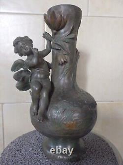 Beau Vase Ancien Art Nouveau Regule Vert Bronze Ange Angelot Cherubin Putti. Tbe