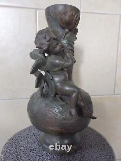 Beau Vase Ancien Art Nouveau Regule Vert Bronze Ange Angelot Cherubin Putti. Tbe