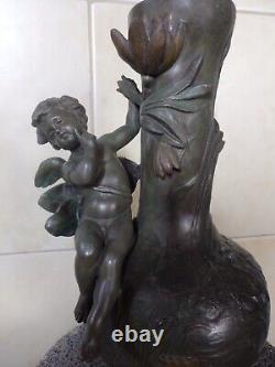 Beau Vase Ancien Art Nouveau Regule Vert Bronze Ange Angelot Cherubin Putti. Tbe