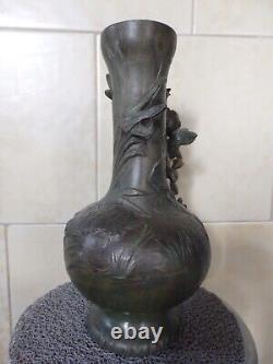Beau Vase Ancien Art Nouveau Regule Vert Bronze Ange Angelot Cherubin Putti. Tbe