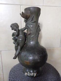 Beau Vase Ancien Art Nouveau Regule Vert Bronze Ange Angelot Cherubin Putti. Tbe