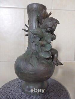 Beau Vase Ancien Art Nouveau Regule Vert Bronze Ange Angelot Cherubin Putti. Tbe