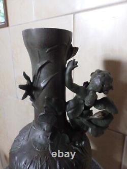 Beau Vase Ancien Art Nouveau Regule Vert Bronze Ange Angelot Cherubin Putti. Tbe