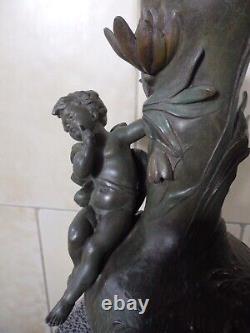 Beau Vase Ancien Art Nouveau Regule Vert Bronze Ange Angelot Cherubin Putti. Tbe