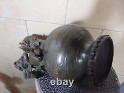 Beau Vase Ancien Art Nouveau Regule Vert Bronze Ange Angelot Cherubin Putti. Tbe