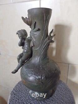 Beau Vase Ancien Art Nouveau Regule Vert Bronze Ange Angelot Cherubin Putti. Tbe