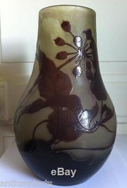 Beau grand Vase pate de verre 1900 Art nouveau Emile Gallé signé décor glands