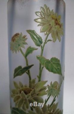 Beau grand vase rouleau verre émaillé 1900 LEGRAS Art Nouveau Tournesols 40 cm