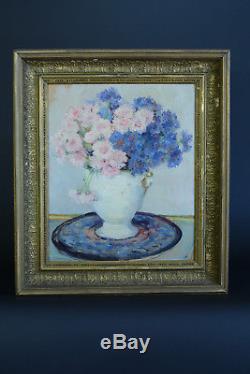Beau tableau ancien Bouquet de fleurs Oeillets vase art nouveau nature M XXéme